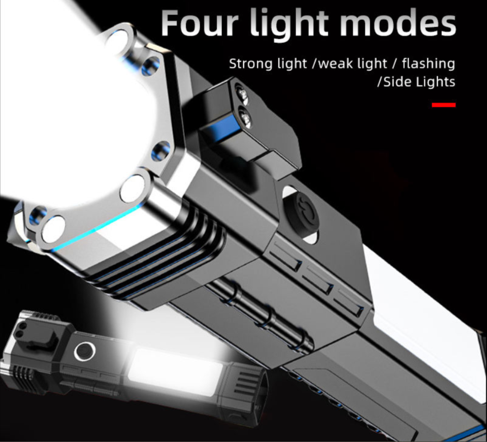 High-Power LED Rechargeable Torch with Tactical Hammer & Power Bank – Box Packed (Random Color)