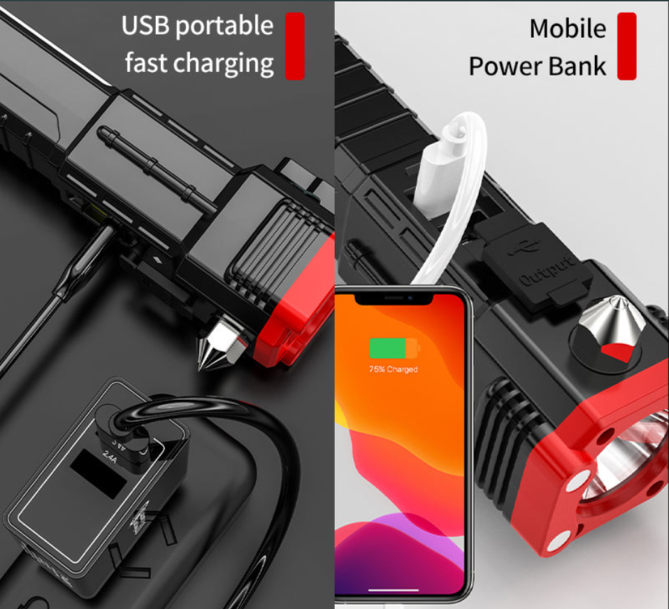 High-Power LED Rechargeable Torch with Tactical Hammer & Power Bank – Box Packed (Random Color)
