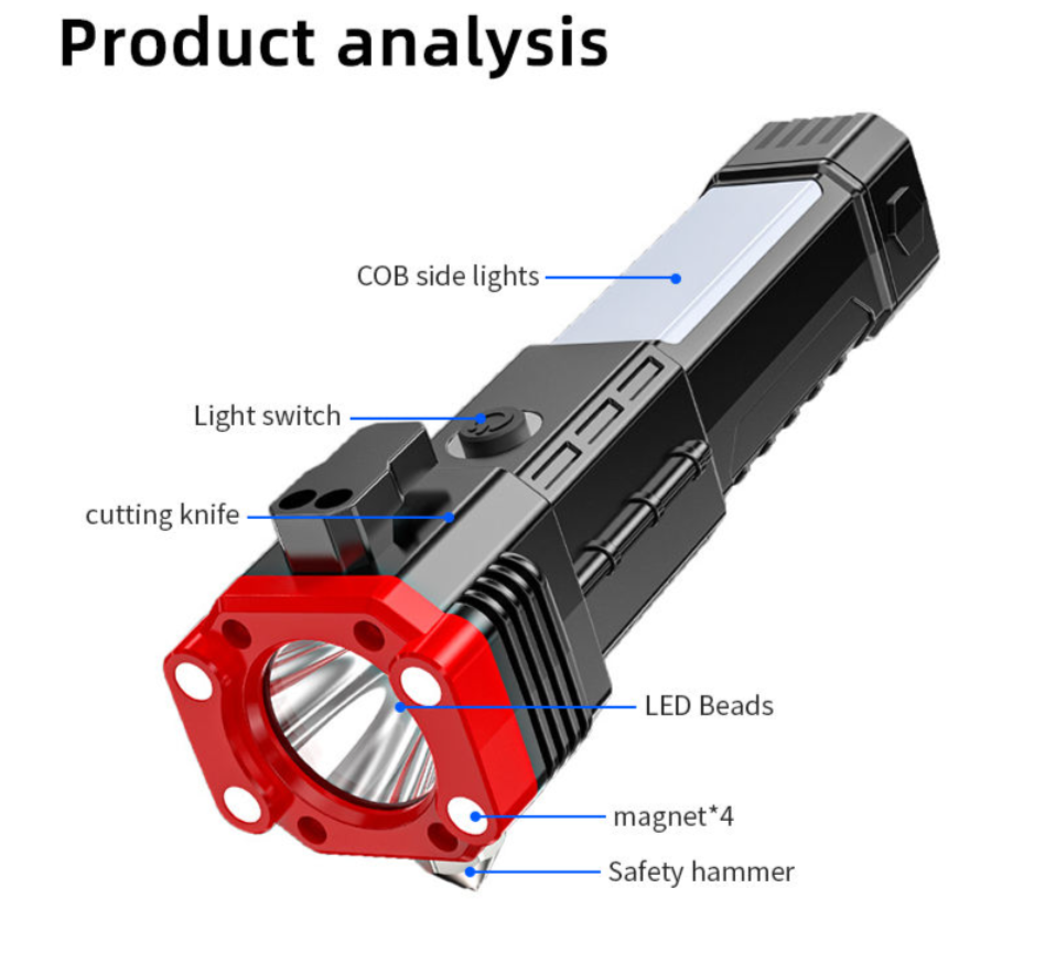 High-Power LED Rechargeable Torch with Tactical Hammer & Power Bank – Box Packed (Random Color)