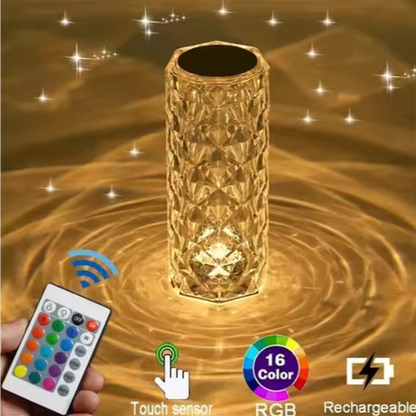 16-Color Diamond Rose Crystal Touch Lamp – USB Rechargeable Bedside Table Lamp with Remote