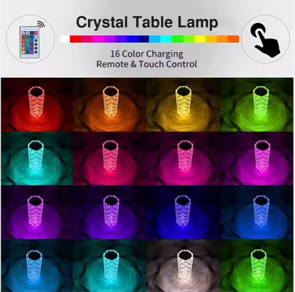 16-Color Diamond Rose Crystal Touch Lamp – USB Rechargeable Bedside Table Lamp with Remote