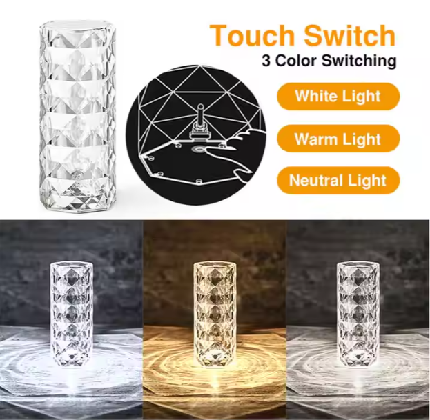 16-Color Diamond Rose Crystal Touch Lamp – USB Rechargeable Bedside Table Lamp with Remote