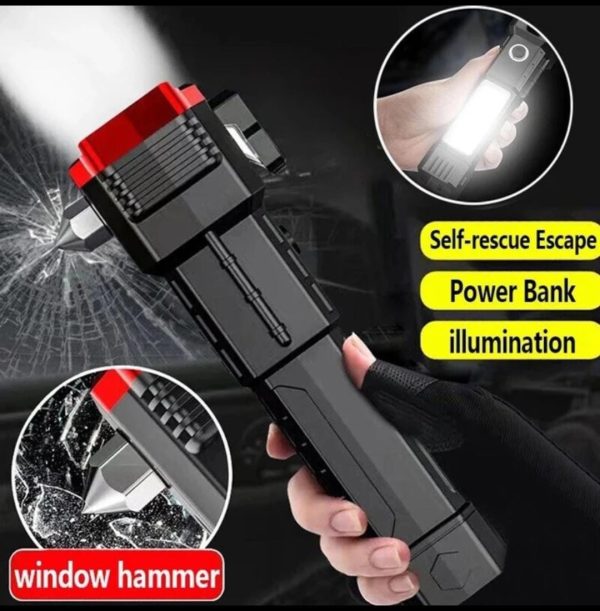 High-Power LED Rechargeable Torch with Tactical Hammer & Power Bank – Box Packed (Random Color)