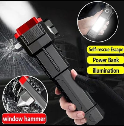 High-Power LED Rechargeable Torch with Tactical Hammer & Power Bank – Box Packed (Random Color)