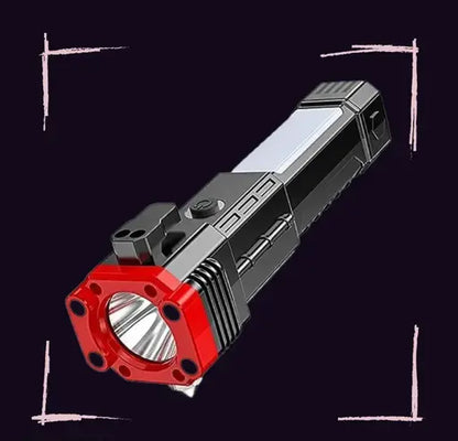 High-Power LED Rechargeable Torch with Tactical Hammer & Power Bank – Box Packed (Random Color)